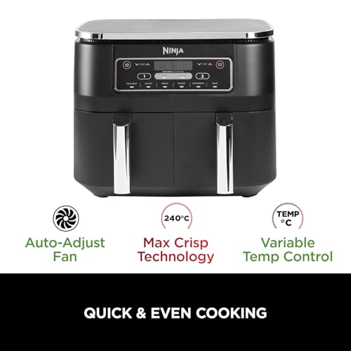Ninja Foodi Dual Zone Digital Air Fryer, 2 Drawers, 7.6L, 6-in-1, Uses No Oil, Air Fry, Max Crisp, Roast, Bake, Reheat, Dehydrate, Cooks 4-6