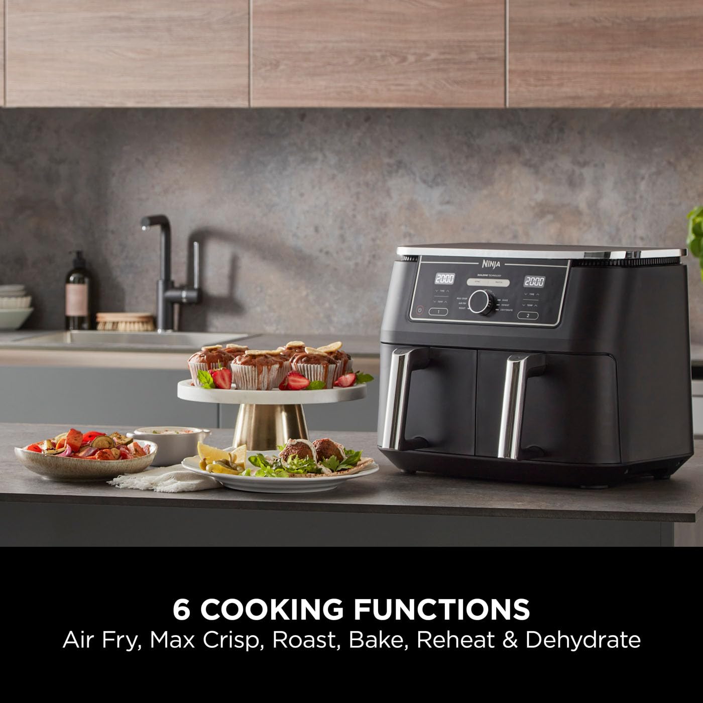 Ninja Foodi MAX Dual Zone Digital Air Fryer, 2 Drawers, 9.5L, 6-in-1, Uses No Oil, Max Crisp, Roast, Bake, Reheat, Dehydrate, Cook 8 Portions,