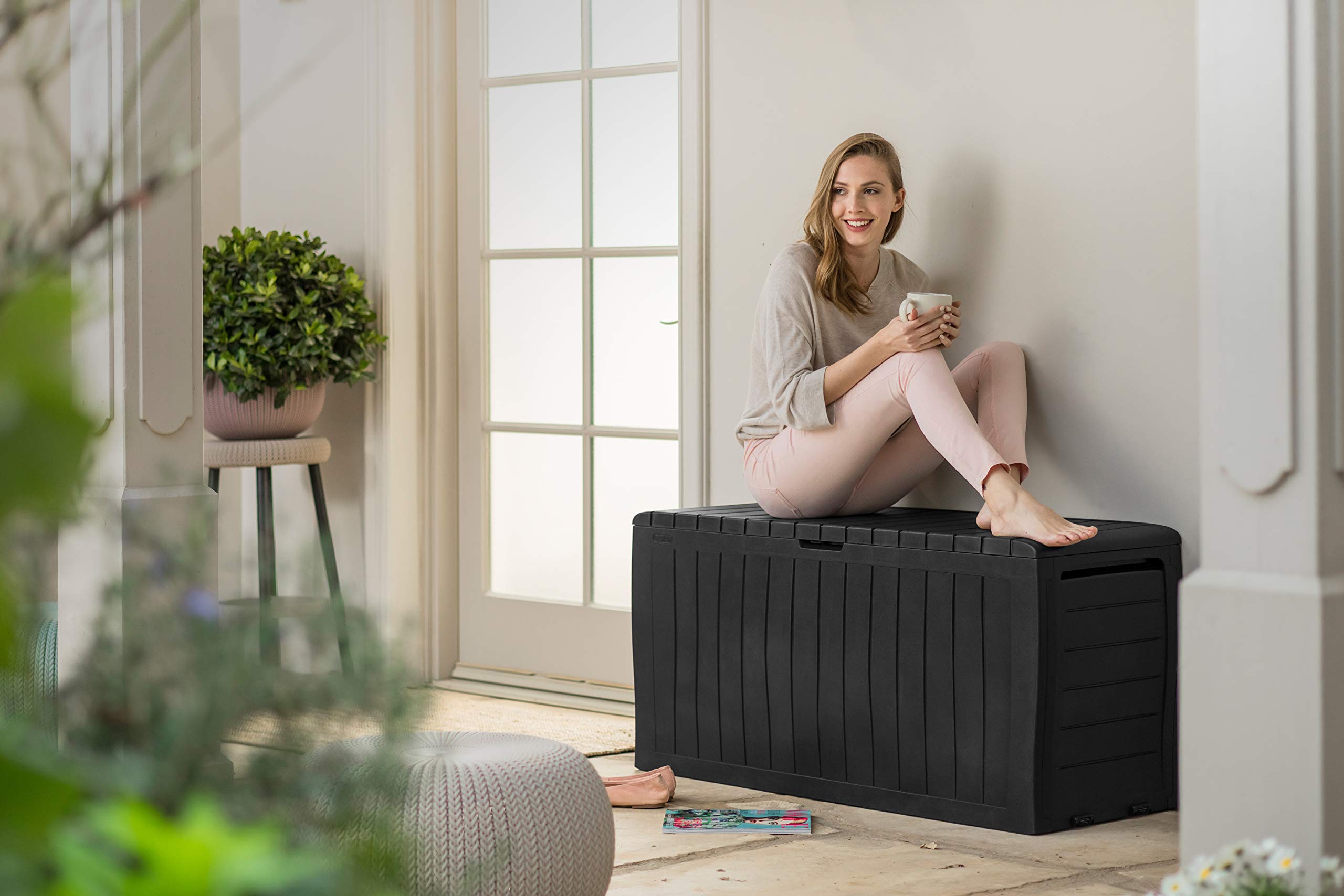 Keter Marvel+ 270L Outdoor 65% recycled Garden Furniture Storage Box Graphite Wood Panel Effect - Fade Free - All Weather Resistant - Safe and Secure
