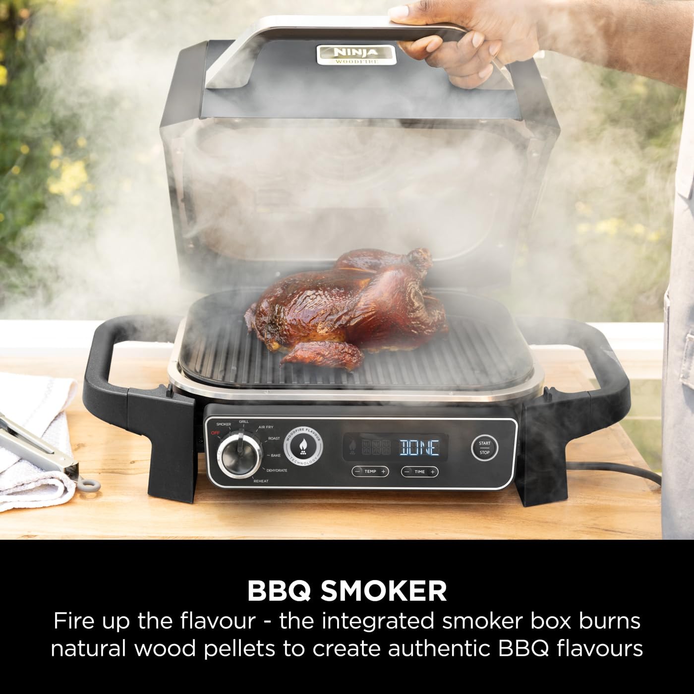 Ninja Woodfire Electric BBQ Grill & Smoker, 7-in-1 Outdoor Grill & Air Fryer, Roast, Bake, Dehydrate, Uses Woodfire Pellets, Weather Resistant,