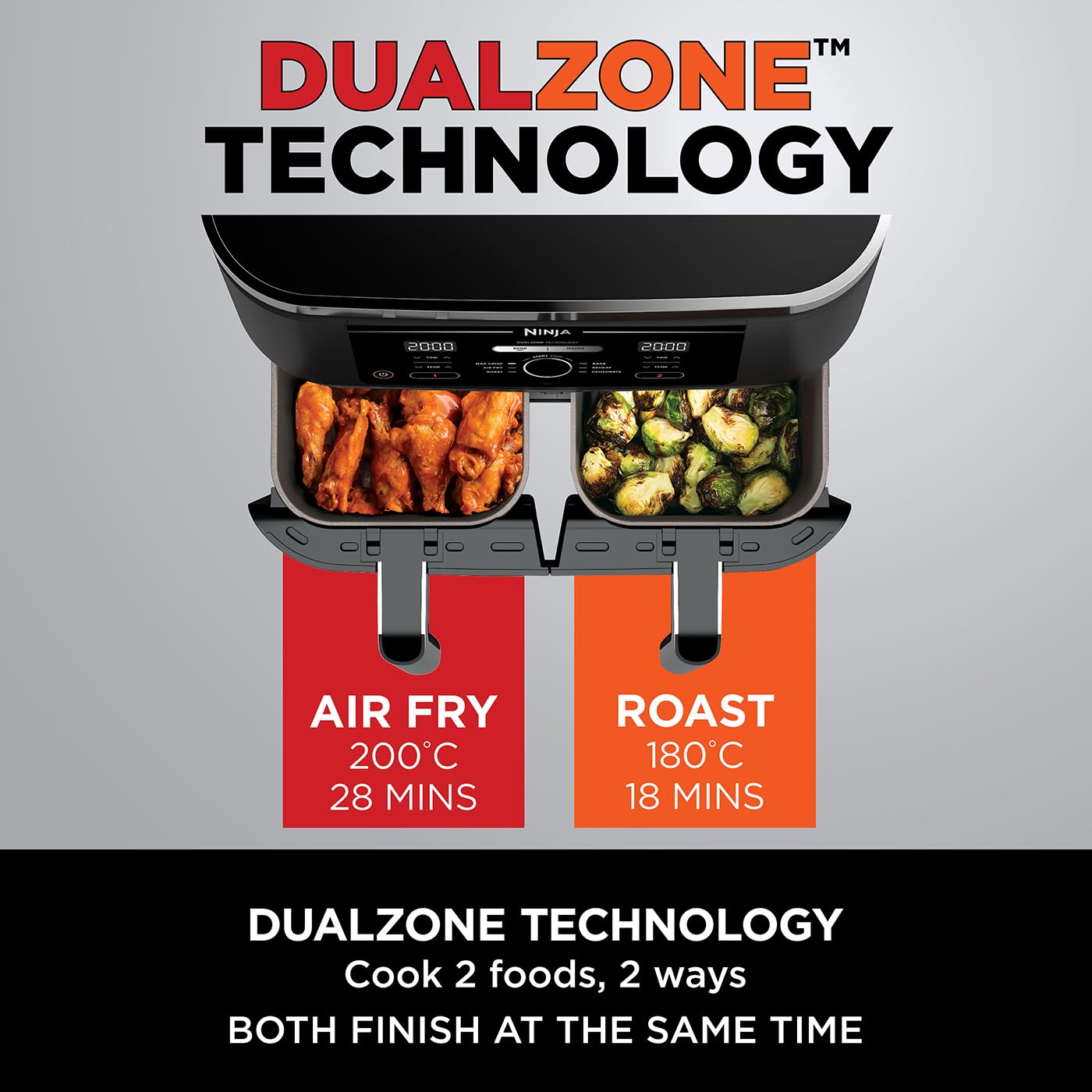 Ninja Foodi MAX Dual Zone Digital Air Fryer, 2 Drawers, 9.5L, 6-in-1, Uses No Oil, Max Crisp, Roast, Bake, Reheat, Dehydrate, Cook 8 Portions,
