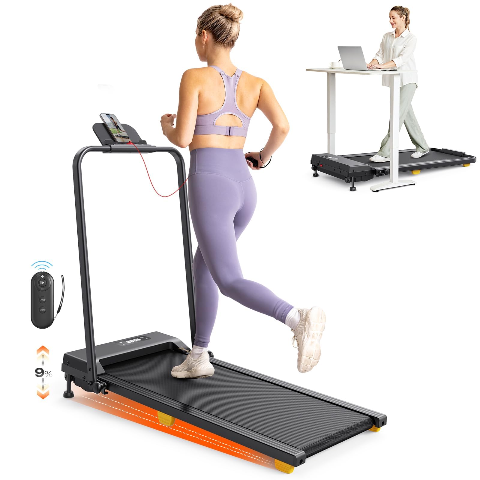 Folding Treadmill with 9% Incline, Walking Pad Foldable with Safety Handle Bar, One-Touch HIIT Mode, Walking, Jogging or Running for Home Office, No