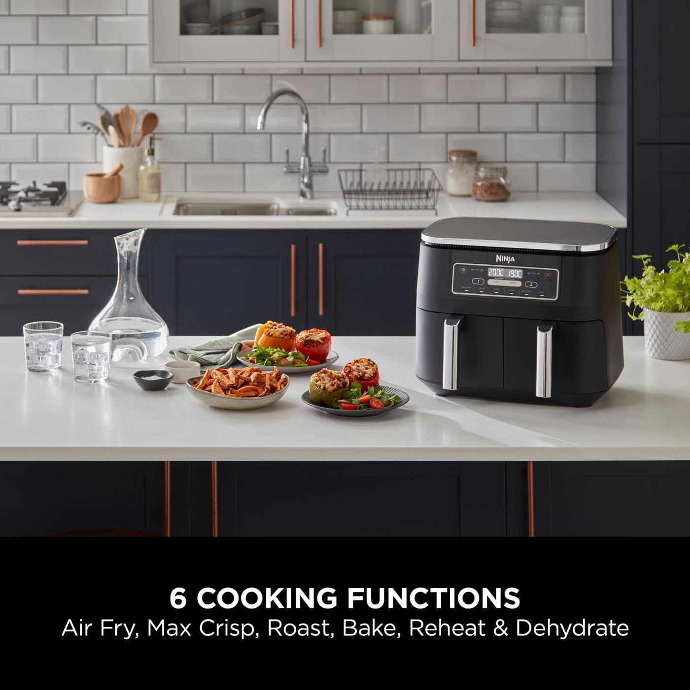 Ninja Foodi Dual Zone Digital Air Fryer, 2 Drawers, 7.6L, 6-in-1, Uses No Oil, Air Fry, Max Crisp, Roast, Bake, Reheat, Dehydrate, Cooks 4-6