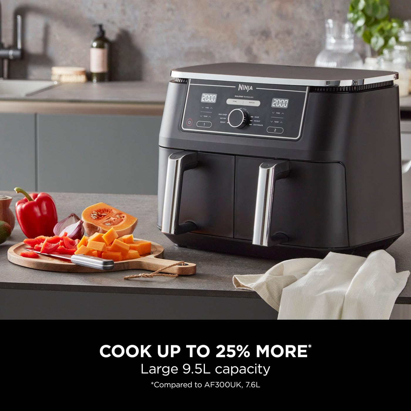 Ninja Foodi MAX Dual Zone Digital Air Fryer, 2 Drawers, 9.5L, 6-in-1, Uses No Oil, Max Crisp, Roast, Bake, Reheat, Dehydrate, Cook 8 Portions,