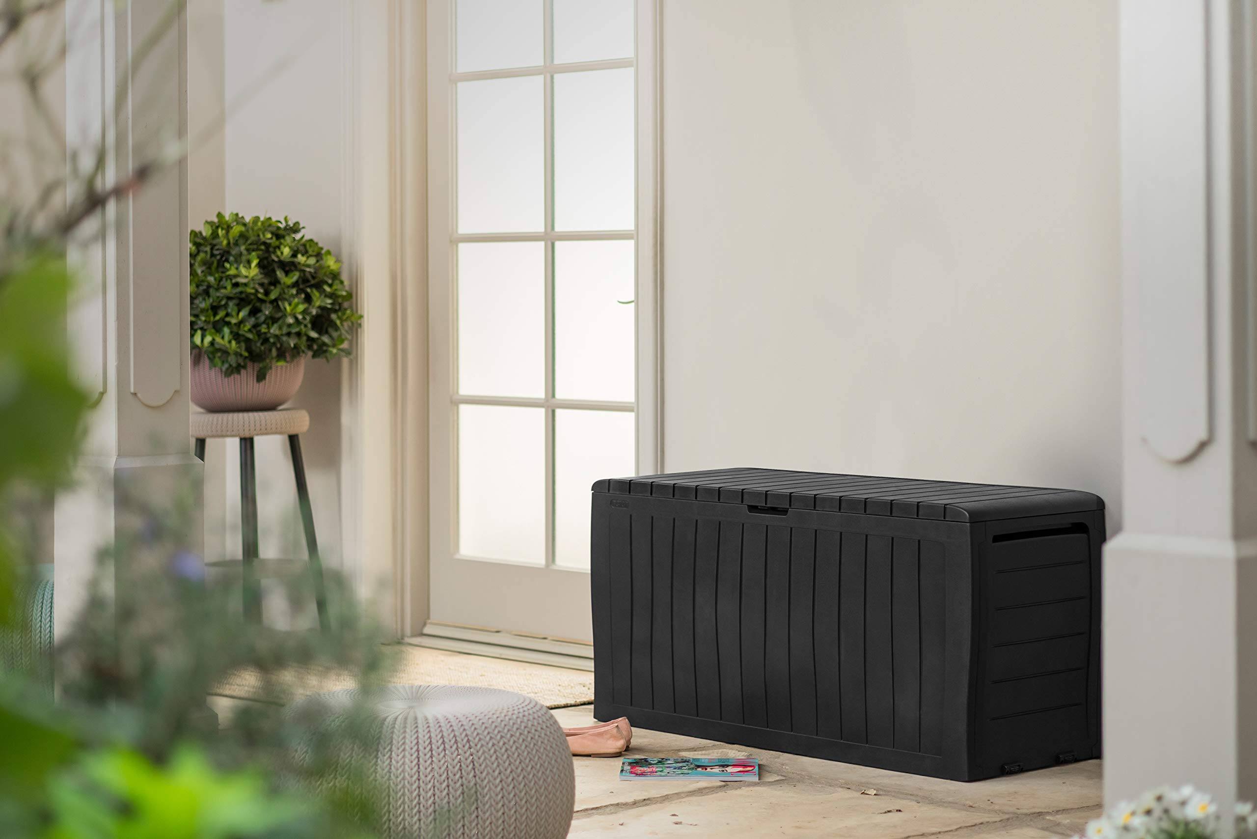 Keter Marvel+ 270L Outdoor 65% recycled Garden Furniture Storage Box Graphite Wood Panel Effect - Fade Free - All Weather Resistant - Safe and Secure