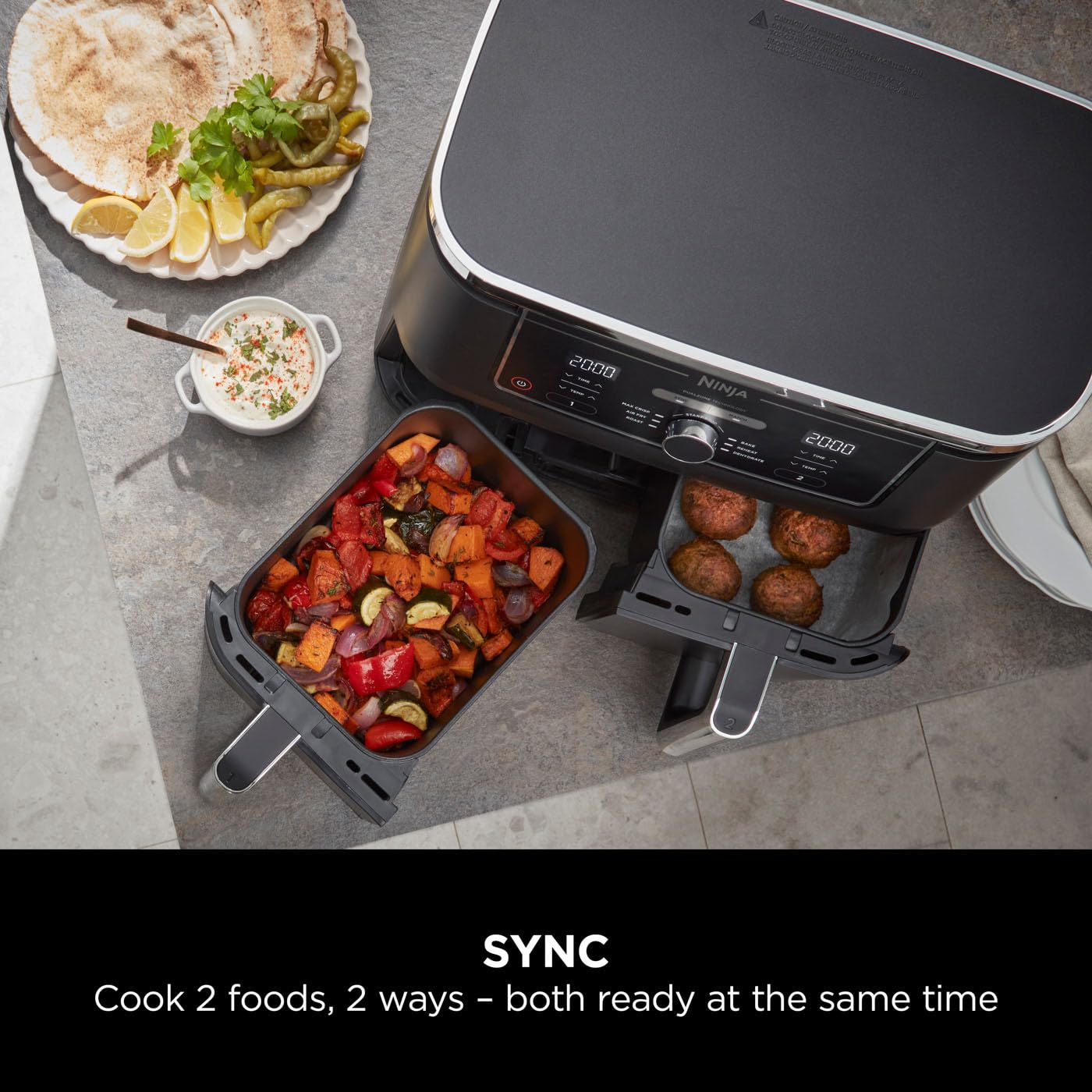Ninja Foodi MAX Dual Zone Digital Air Fryer, 2 Drawers, 9.5L, 6-in-1, Uses No Oil, Max Crisp, Roast, Bake, Reheat, Dehydrate, Cook 8 Portions,