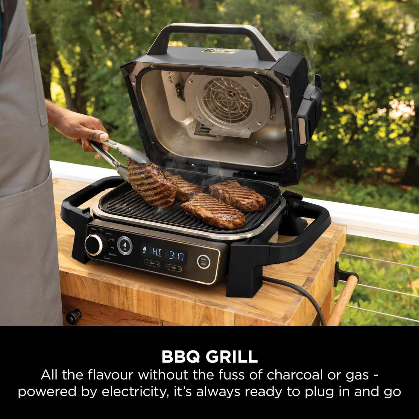 Ninja Woodfire Electric BBQ Grill & Smoker, 7-in-1 Outdoor Grill & Air Fryer, Roast, Bake, Dehydrate, Uses Woodfire Pellets, Weather Resistant,