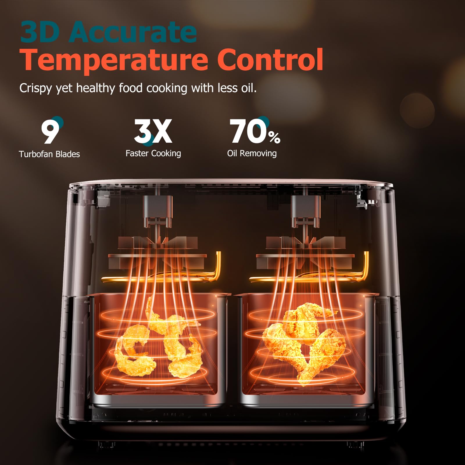9L Dual Air Fryer with Visual Window, XL Large Capacity, 2 Drawers, 9-In-1 Cooking Presets, Touch Screen, Smart Finish, Timer Function,