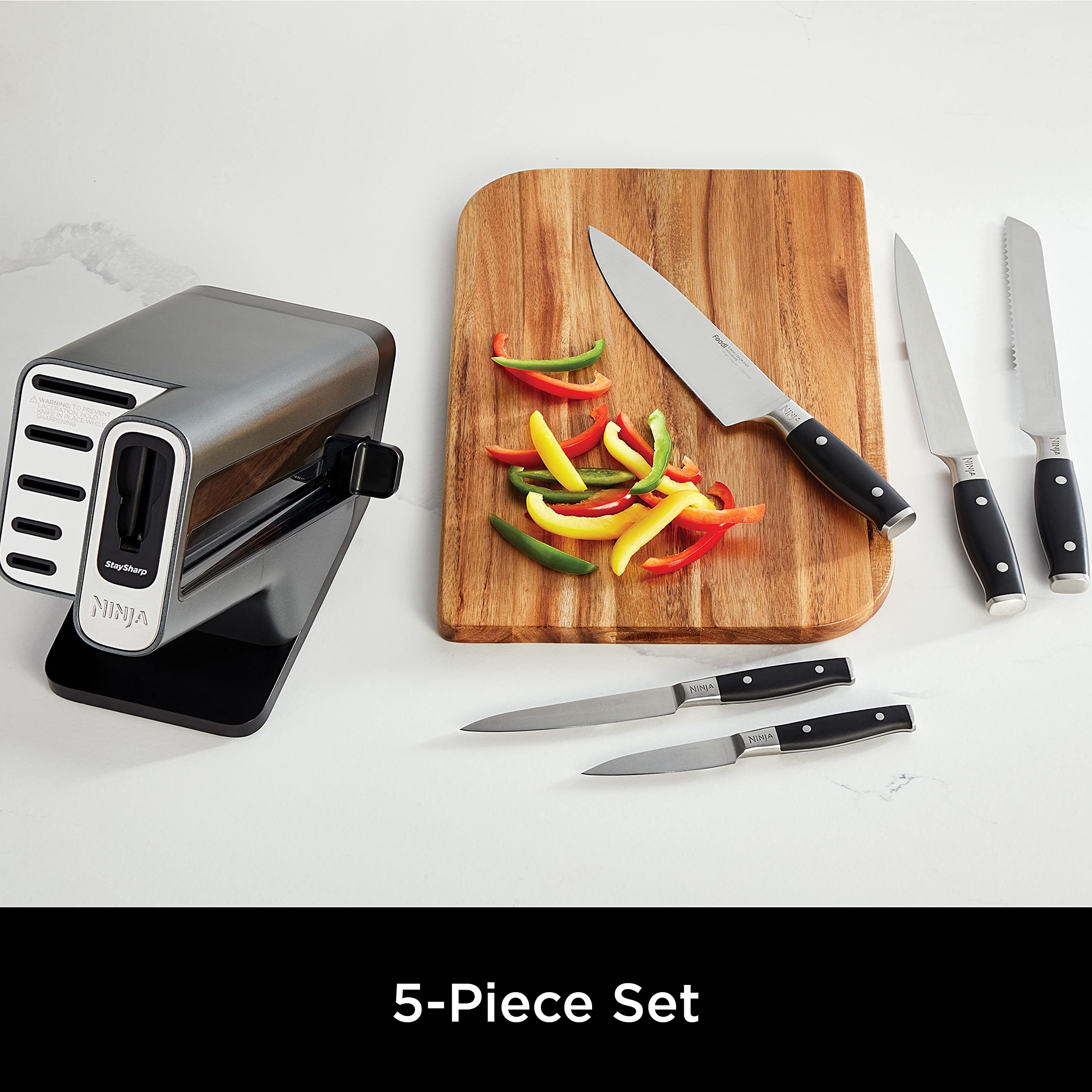 Ninja Foodi StaySharp Knife Block with Integrated Sharpener, 5-Piece Knife Set includes Chef, Bread, Slicing, Utility, Paring Knives, Stainless Steel