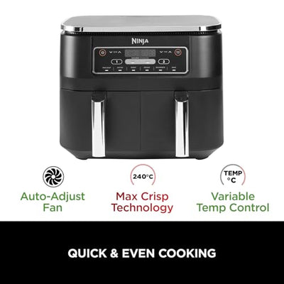 Ninja Foodi Dual Zone Digital Air Fryer, 2 Drawers, 7.6L, 6-in-1, Uses No Oil, Air Fry, Max Crisp, Roast, Bake, Reheat, Dehydrate, Cooks 4-6