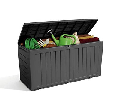 Keter Marvel+ 270L Outdoor 65% recycled Garden Furniture Storage Box Graphite Wood Panel Effect - Fade Free - All Weather Resistant - Safe and Secure