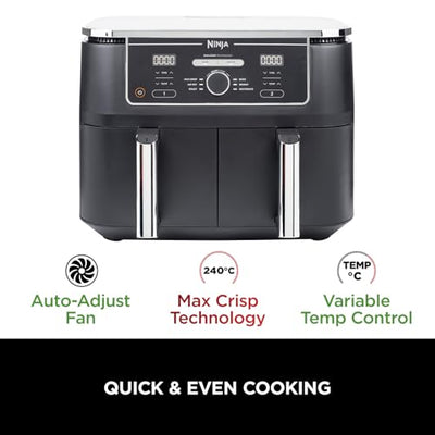 Ninja Foodi MAX Dual Zone Digital Air Fryer, 2 Drawers, 9.5L, 6-in-1, Uses No Oil, Max Crisp, Roast, Bake, Reheat, Dehydrate, Cook 8 Portions,