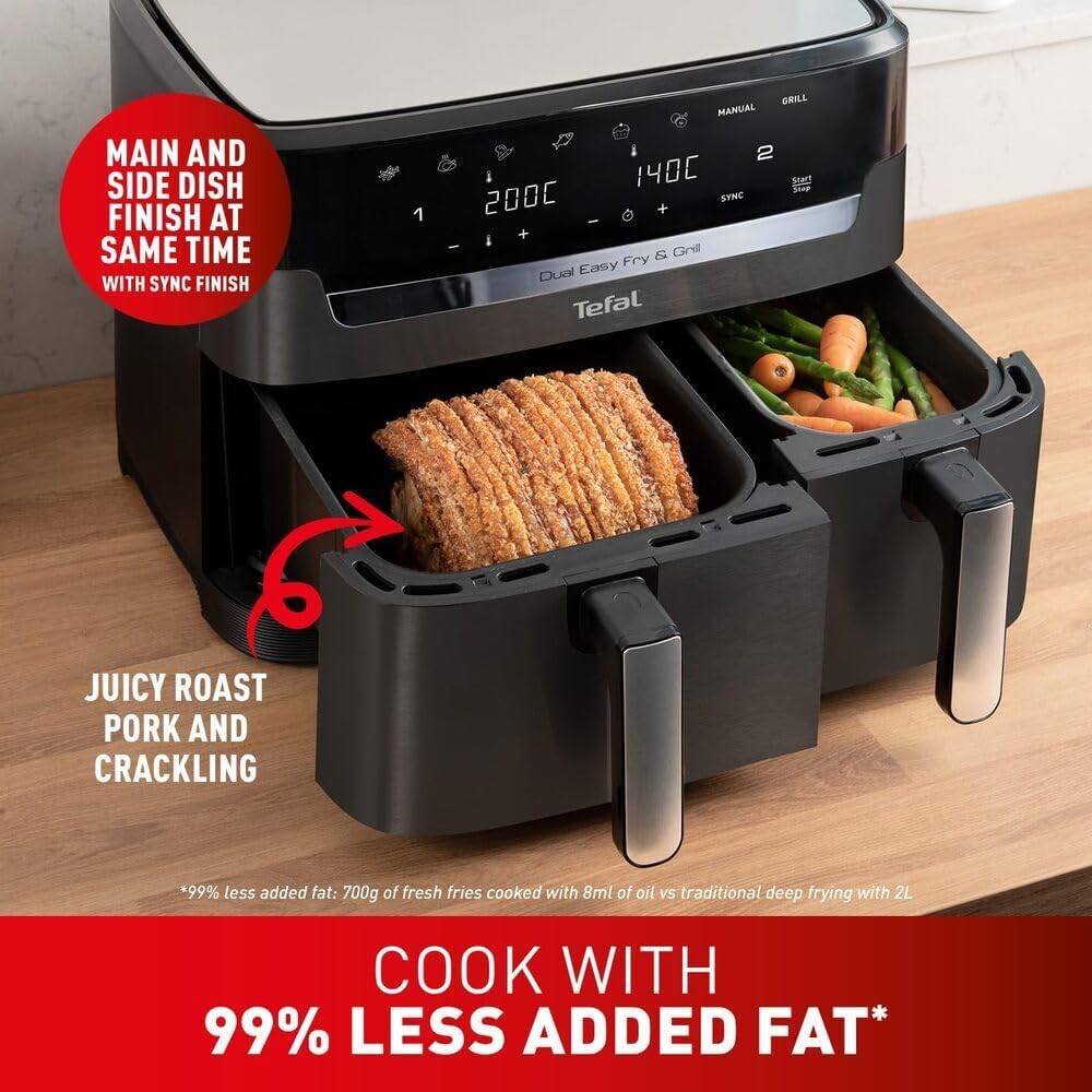 Tefal Easy Fry Dual Zone Digital Air Fryer, 2 Drawers, 8.3L, 8in1, Air Fry, Extra Crisp, Roast, Bake, Reheat, Dehydrate, 6 Portions, Non-Stick,