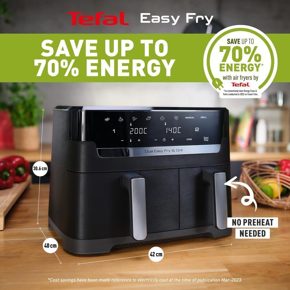 Tefal Easy Fry Dual Zone Digital Air Fryer, 2 Drawers, 8.3L, 8in1, Air Fry, Extra Crisp, Roast, Bake, Reheat, Dehydrate, 6 Portions, Non-Stick,