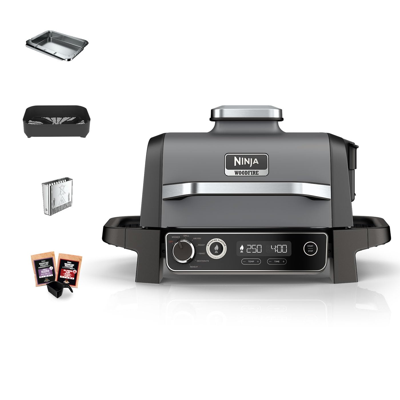 Ninja Woodfire Electric BBQ Grill and Smoker, 7-in-1 Outdoor Grill and Air Fryer, Roast, Bake, Dehydrate, Uses Woodfire Pellets, Weather Resistant,