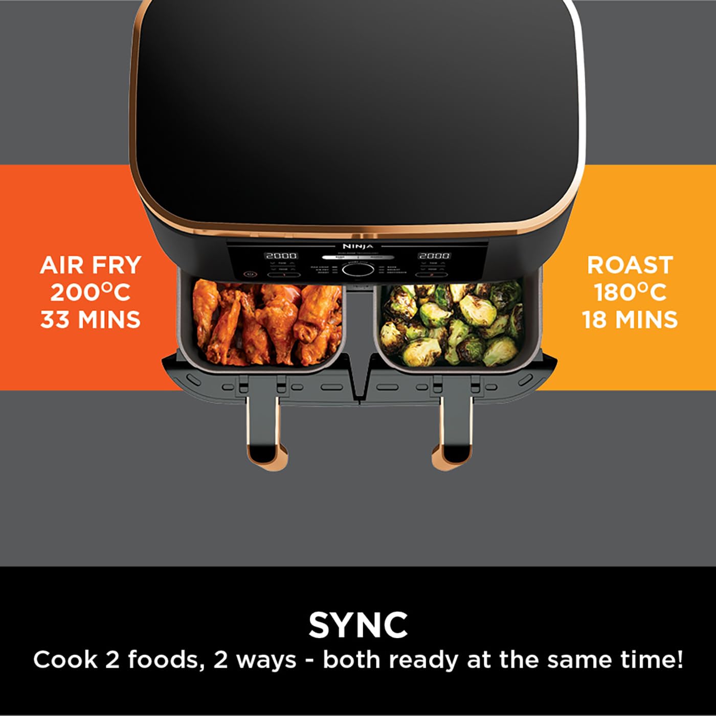 Ninja Foodi MAX Dual Zone Air Fryer, Tongs, 2 Drawers, 9.5L, 6-in-1, Use No Oil, Air Fry, Max Crisp, Roast, Bake, 8 Portions, Nonstick Dishwasher