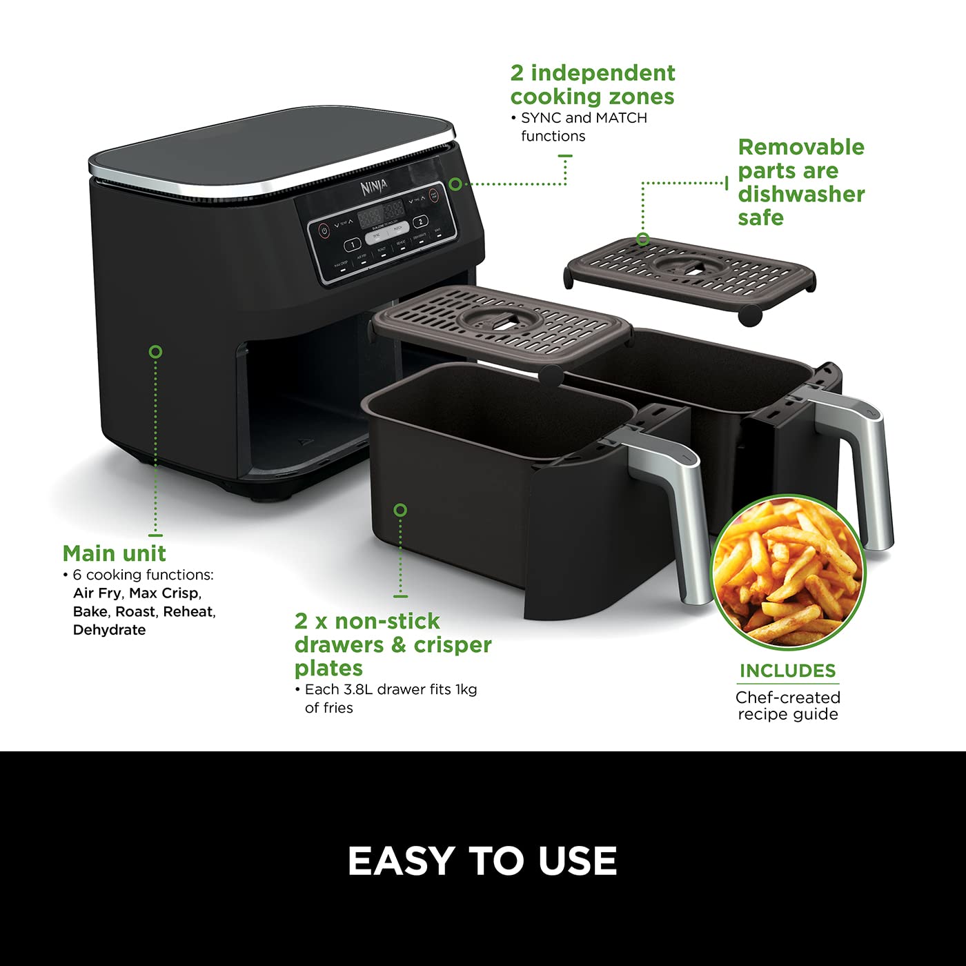 Ninja Foodi Dual Zone Digital Air Fryer, 2 Drawers, 7.6L, 6-in-1, Uses No Oil, Air Fry, Max Crisp, Roast, Bake, Reheat, Dehydrate, Cooks 4-6