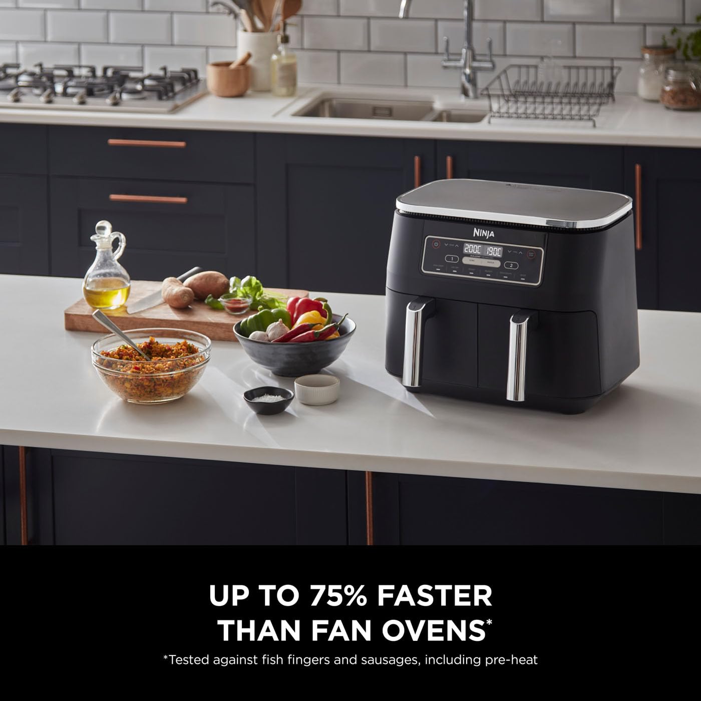 Ninja Foodi Dual Zone Digital Air Fryer, 2 Drawers, 7.6L, 6-in-1, Uses No Oil, Air Fry, Max Crisp, Roast, Bake, Reheat, Dehydrate, Cooks 4-6