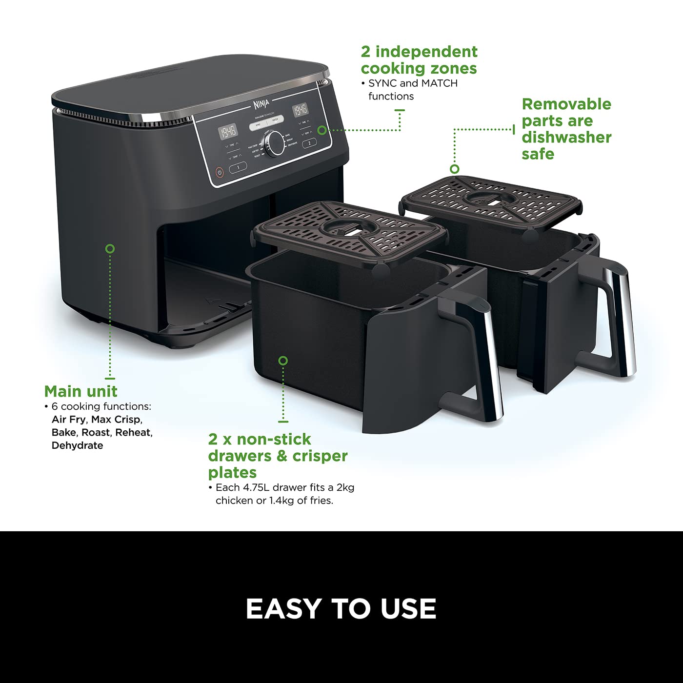 Ninja Foodi MAX Dual Zone Digital Air Fryer, 2 Drawers, 9.5L, 6-in-1, Uses No Oil, Max Crisp, Roast, Bake, Reheat, Dehydrate, Cook 8 Portions,