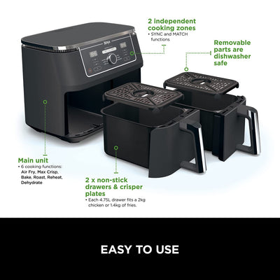 Ninja Foodi MAX Dual Zone Digital Air Fryer, 2 Drawers, 9.5L, 6-in-1, Uses No Oil, Max Crisp, Roast, Bake, Reheat, Dehydrate, Cook 8 Portions,
