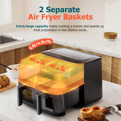 9L Dual Air Fryer with Visual Window, XL Large Capacity, 2 Drawers, 9-In-1 Cooking Presets, Touch Screen, Smart Finish, Timer Function,