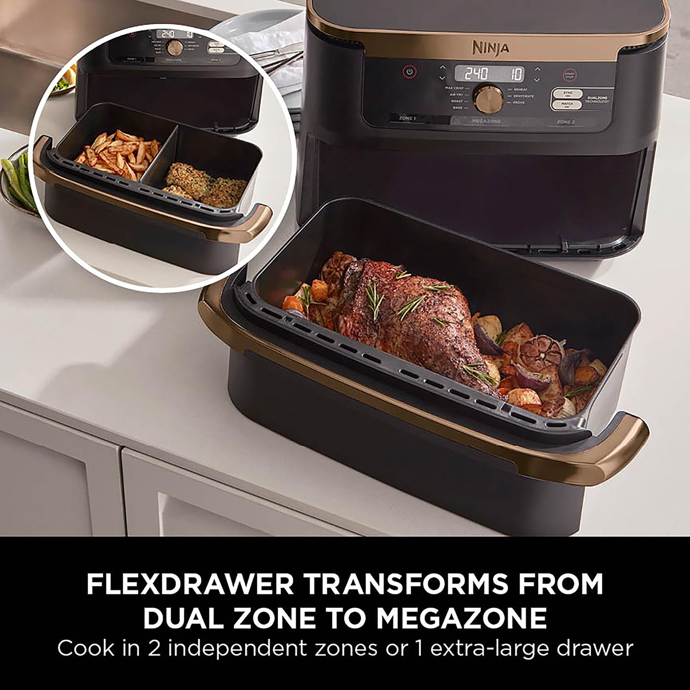 Ninja Foodi FlexDrawer Air Fryer, Dual Zone with Removable Divider, Large 10.4L Drawer, 7-in-1, Air-Fryer, Air Fry, Roast, Bake, Crisp, Non-Stick