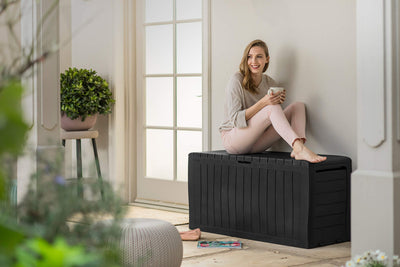 Keter Marvel+ 270L Outdoor 65% recycled Garden Furniture Storage Box Graphite Wood Panel Effect - Fade Free - All Weather Resistant - Safe and Secure