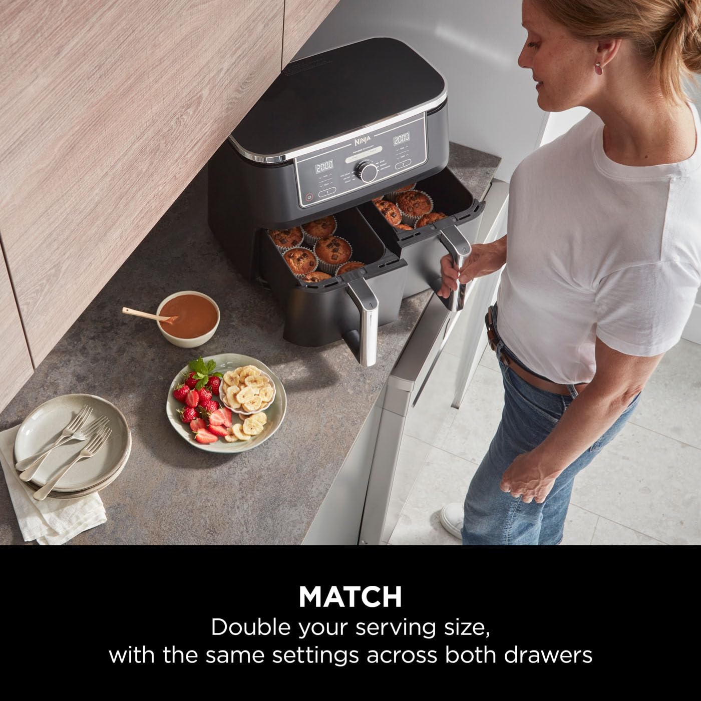 Ninja Foodi MAX Dual Zone Digital Air Fryer, 2 Drawers, 9.5L, 6-in-1, Uses No Oil, Max Crisp, Roast, Bake, Reheat, Dehydrate, Cook 8 Portions,
