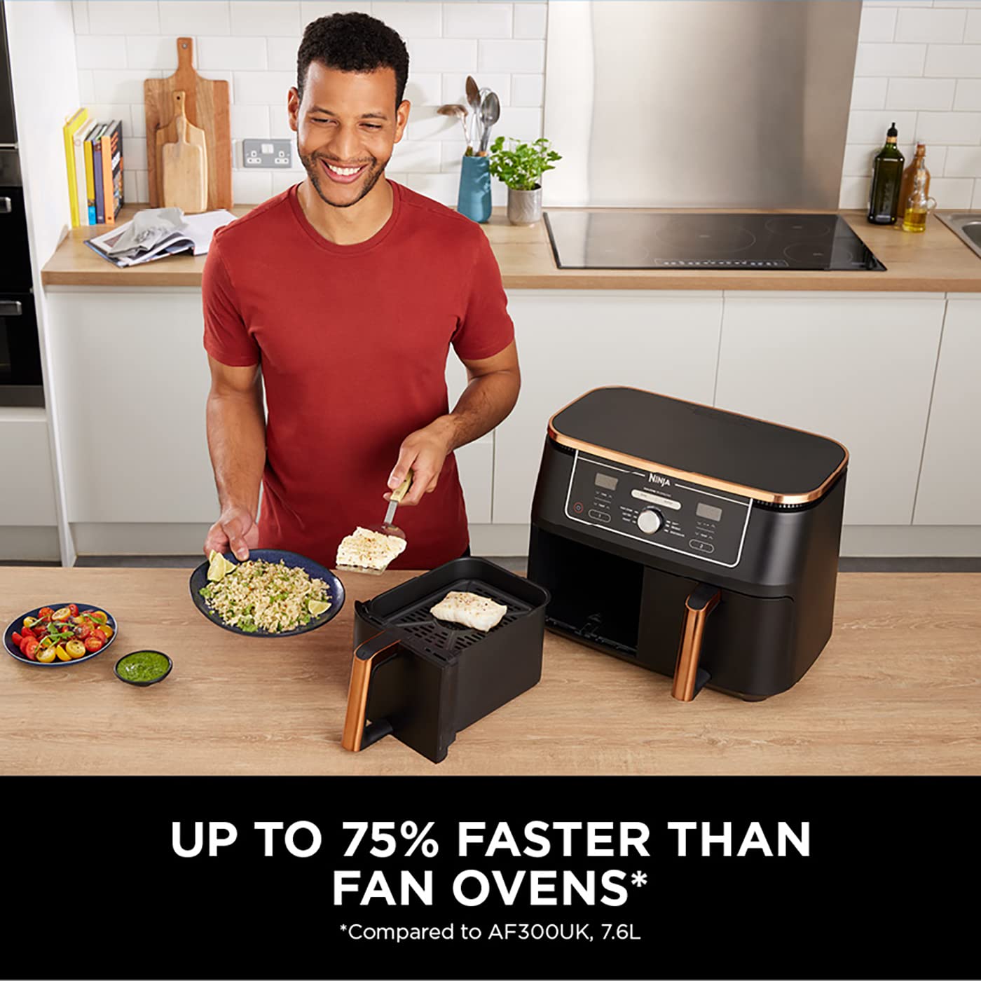 Ninja Foodi MAX Dual Zone Air Fryer, Tongs, 2 Drawers, 9.5L, 6-in-1, Use No Oil, Air Fry, Max Crisp, Roast, Bake, 8 Portions, Nonstick Dishwasher