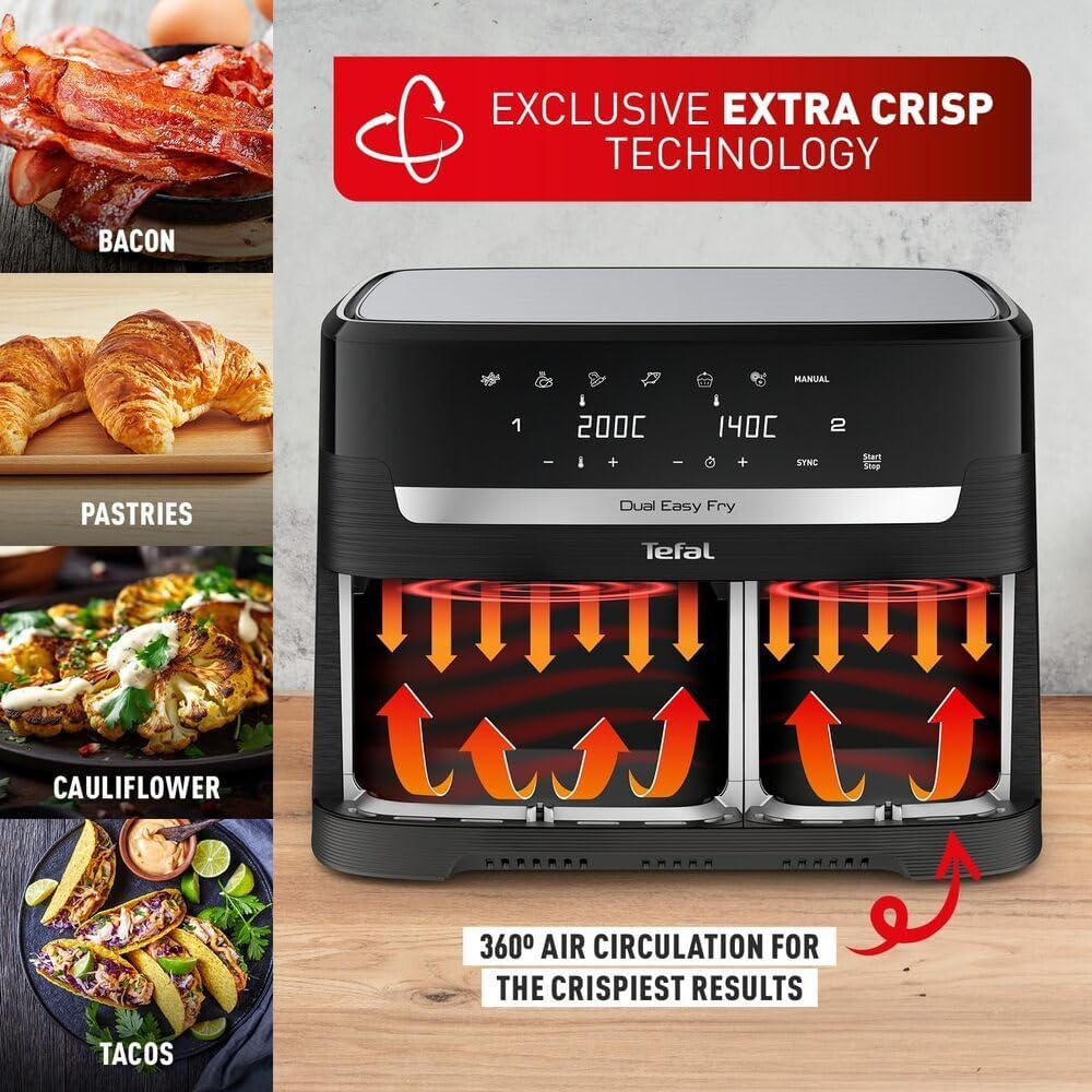 Tefal Easy Fry Dual Zone Digital Air Fryer, 2 Drawers, 8.3L, 8in1, Air Fry, Extra Crisp, Roast, Bake, Reheat, Dehydrate, 6 Portions, Non-Stick,