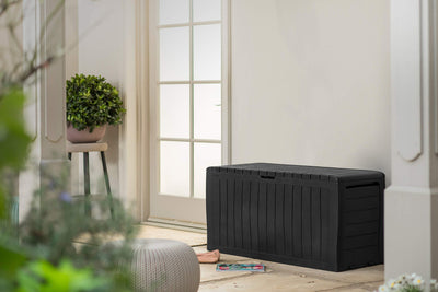 Keter Marvel+ 270L Outdoor 65% recycled Garden Furniture Storage Box Graphite Wood Panel Effect - Fade Free - All Weather Resistant - Safe and Secure