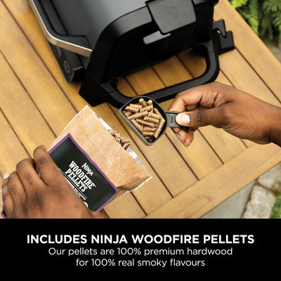 Ninja Woodfire Electric BBQ Grill & Smoker, 7-in-1 Outdoor Grill & Air Fryer, Roast, Bake, Dehydrate, Uses Woodfire Pellets, Weather Resistant,