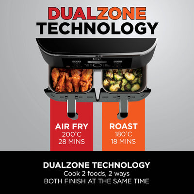 Ninja Foodi Dual Zone Digital Air Fryer, 2 Drawers, 7.6L, 4-in-1, Uses No Oil, Air Fry, Max Crisp, Roast, Reheat, Non-Stick, Dishwasher Safe Baskets
