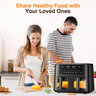 9L Dual Air Fryer with Visual Window, XL Large Capacity, 2 Drawers, 9-In-1 Cooking Presets, Touch Screen, Smart Finish, Timer Function,