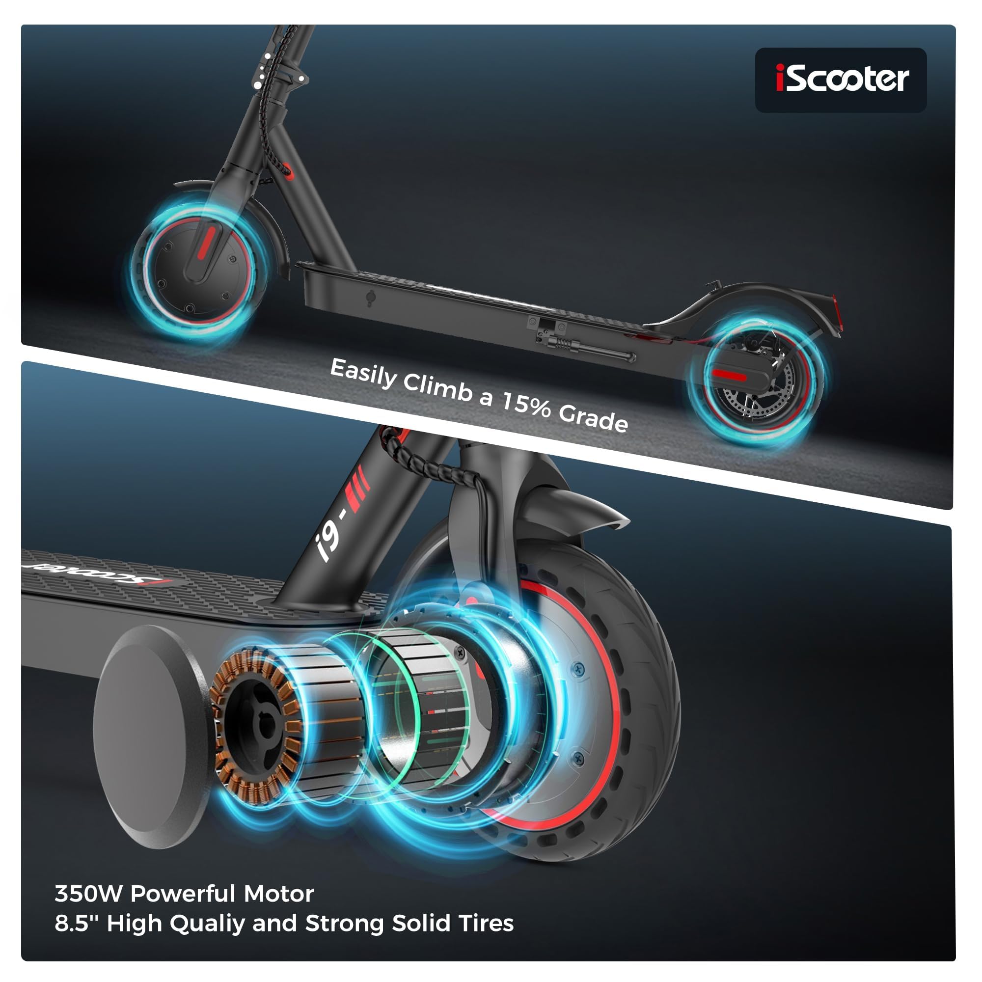 iScooter Electric Scooter, i9 Electric Scooters Adult, 8.5”Solid Tires, 30km Range, 3 Speed Mode, Foldable Electric Scooters with APP, Double Braking