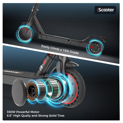 iScooter Electric Scooter, i9 Electric Scooters Adult, 8.5”Solid Tires, 30km Range, 3 Speed Mode, Foldable Electric Scooters with APP, Double Braking