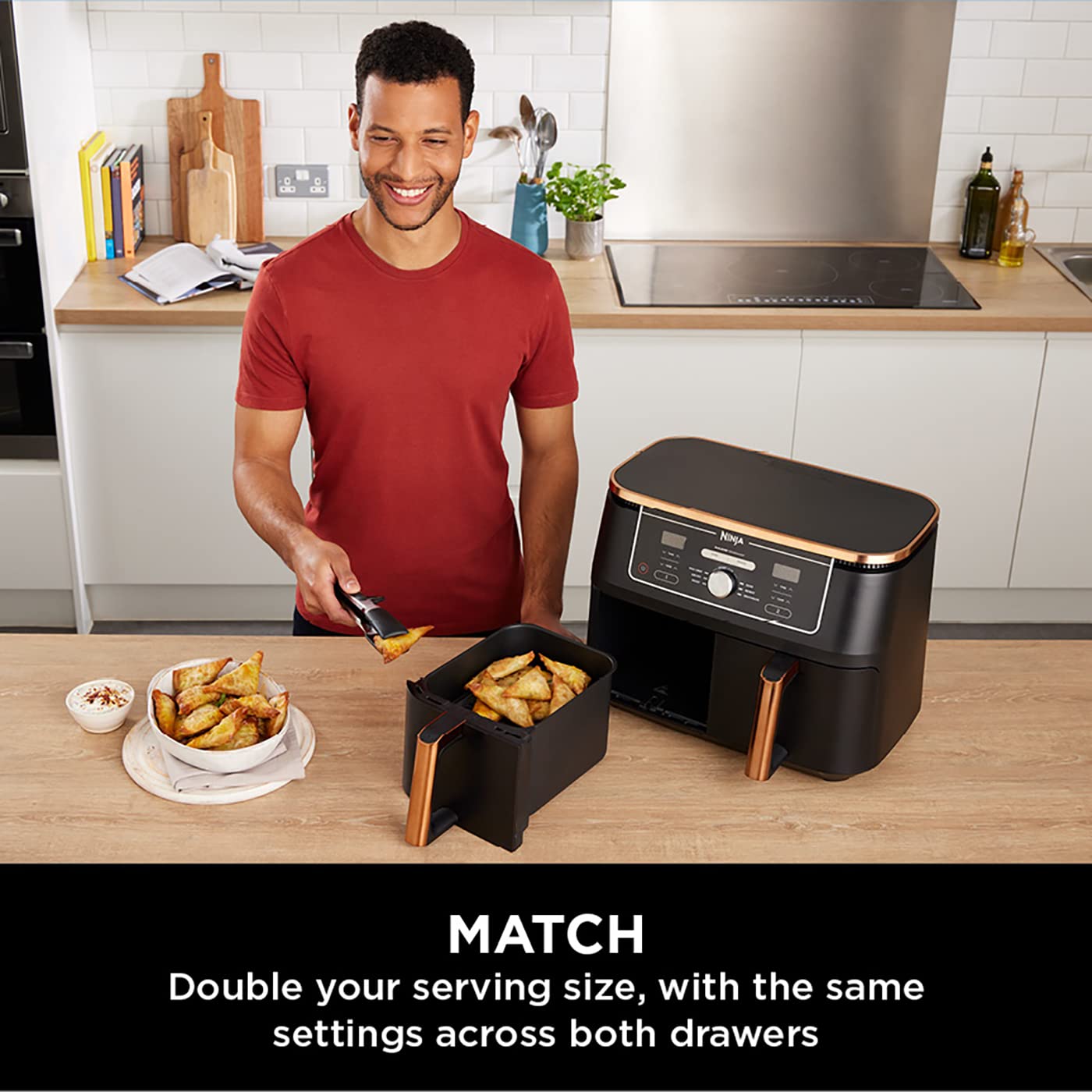 Ninja Foodi MAX Dual Zone Air Fryer, Tongs, 2 Drawers, 9.5L, 6-in-1, Use No Oil, Air Fry, Max Crisp, Roast, Bake, 8 Portions, Nonstick Dishwasher