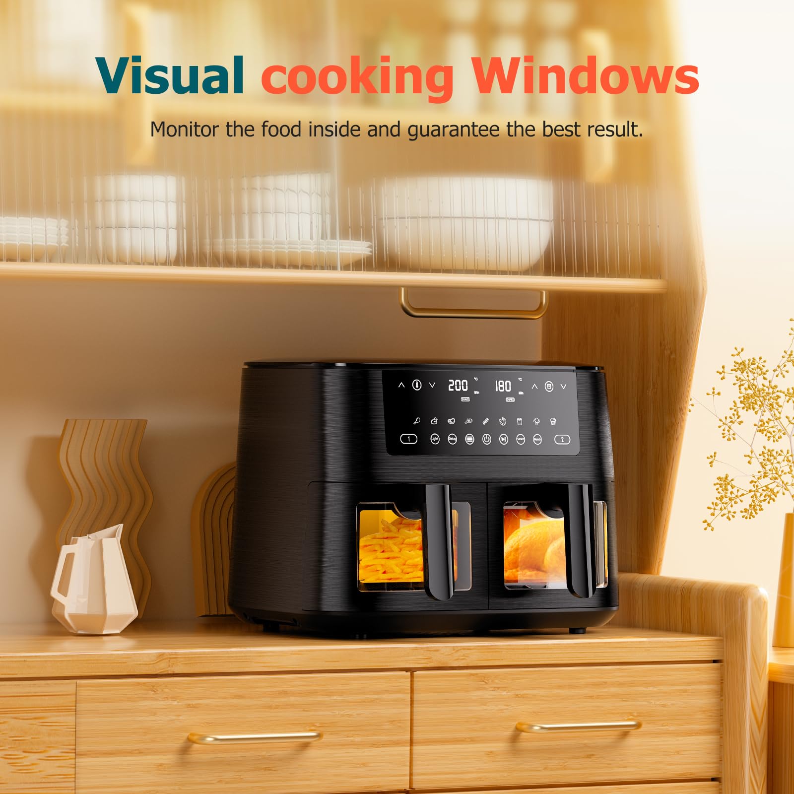 9L Dual Air Fryer with Visual Window, XL Large Capacity, 2 Drawers, 9-In-1 Cooking Presets, Touch Screen, Smart Finish, Timer Function,