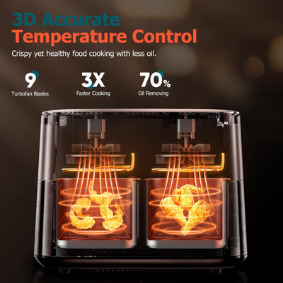 9L Dual Air Fryer with Visual Window, XL Large Capacity, 2 Drawers, 9-In-1 Cooking Presets, Touch Screen, Smart Finish, Timer Function,