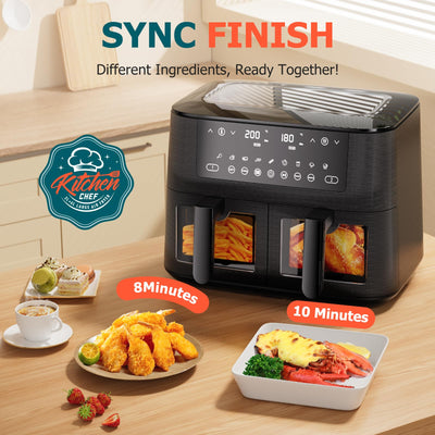 9L Dual Air Fryer with Visual Window, XL Large Capacity, 2 Drawers, 9-In-1 Cooking Presets, Touch Screen, Smart Finish, Timer Function,