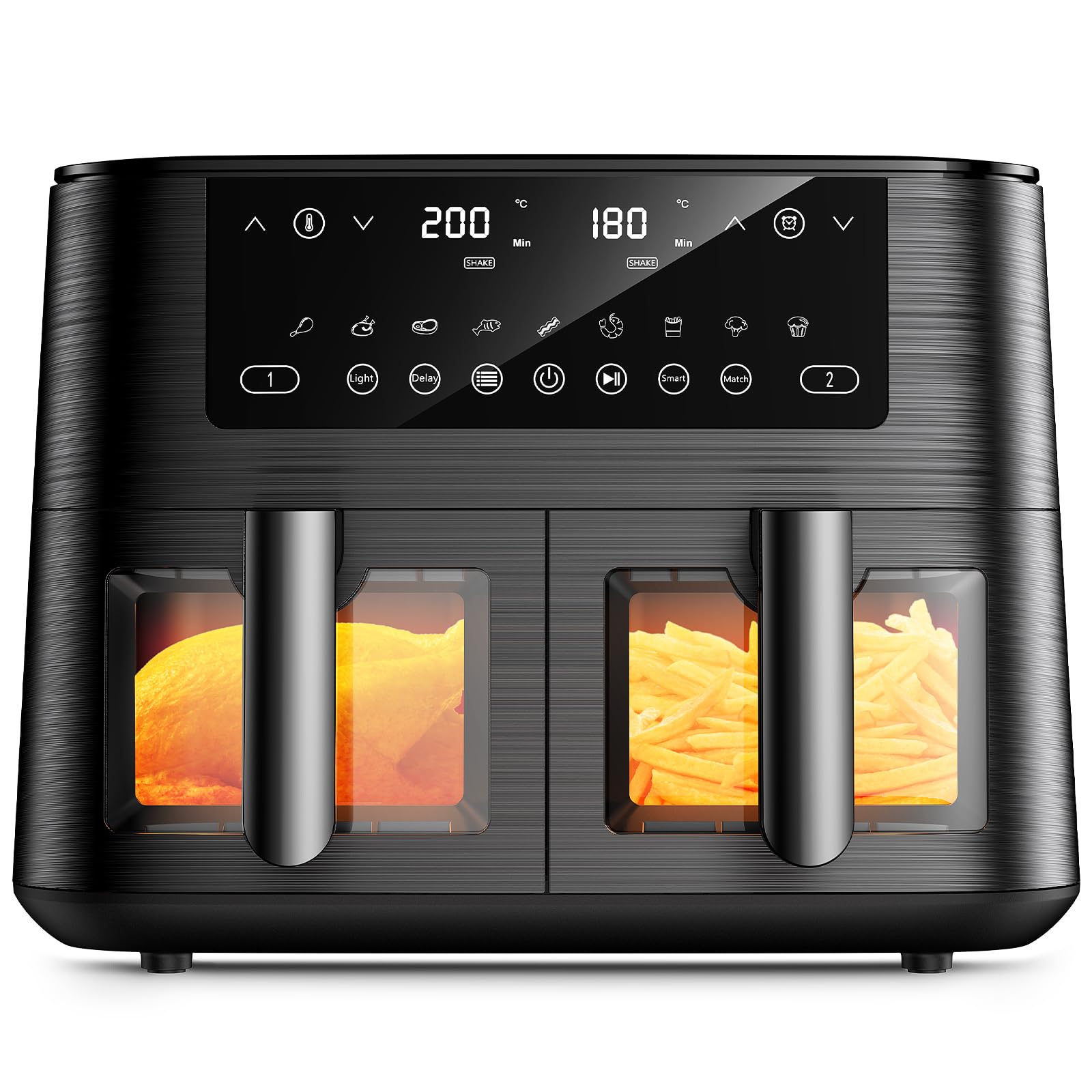 9L Dual Air Fryer with Visual Window, XL Large Capacity, 2 Drawers, 9-In-1 Cooking Presets, Touch Screen, Smart Finish, Timer Function,