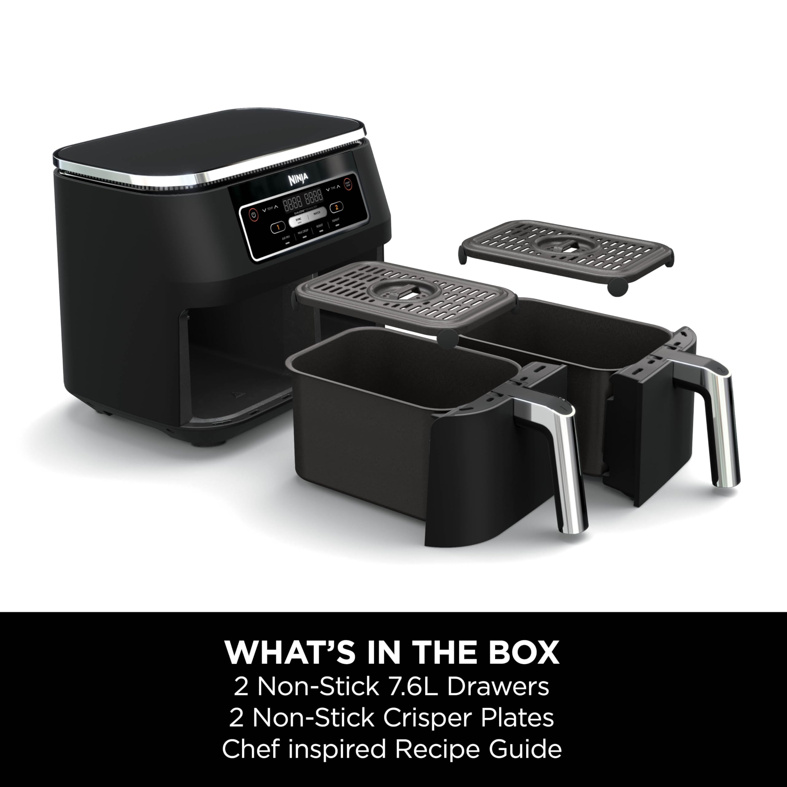 Ninja Foodi Dual Zone Digital Air Fryer, 2 Drawers, 7.6L, 4-in-1, Uses No Oil, Air Fry, Max Crisp, Roast, Reheat, Non-Stick, Dishwasher Safe Baskets