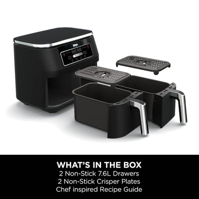 Ninja Foodi Dual Zone Digital Air Fryer, 2 Drawers, 7.6L, 4-in-1, Uses No Oil, Air Fry, Max Crisp, Roast, Reheat, Non-Stick, Dishwasher Safe Baskets