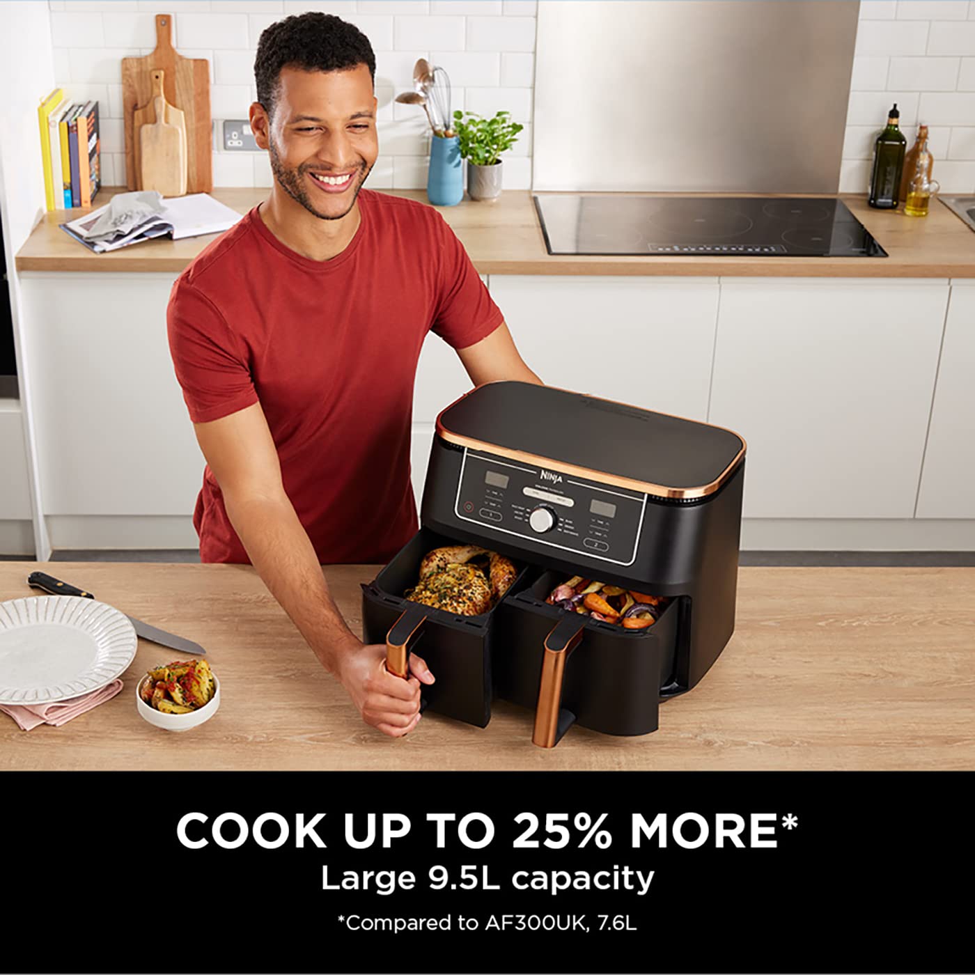 Ninja Foodi MAX Dual Zone Air Fryer, Tongs, 2 Drawers, 9.5L, 6-in-1, Use No Oil, Air Fry, Max Crisp, Roast, Bake, 8 Portions, Nonstick Dishwasher