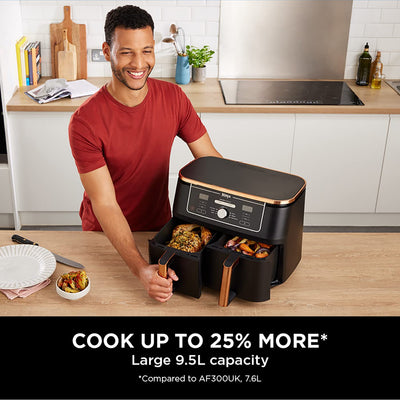 Ninja Foodi MAX Dual Zone Air Fryer, Tongs, 2 Drawers, 9.5L, 6-in-1, Use No Oil, Air Fry, Max Crisp, Roast, Bake, 8 Portions, Nonstick Dishwasher