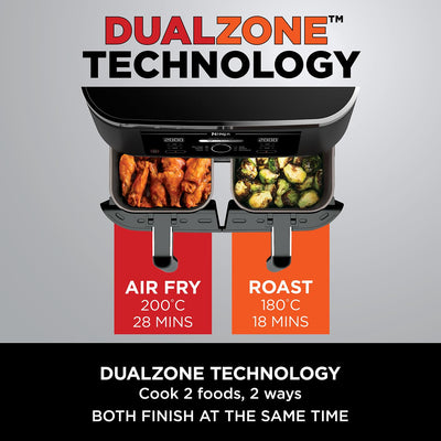Ninja Foodi Dual Zone Digital Air Fryer, 2 Drawers, 7.6L, 6-in-1, Uses No Oil, Air Fry, Max Crisp, Roast, Bake, Reheat, Dehydrate, Cooks 4-6