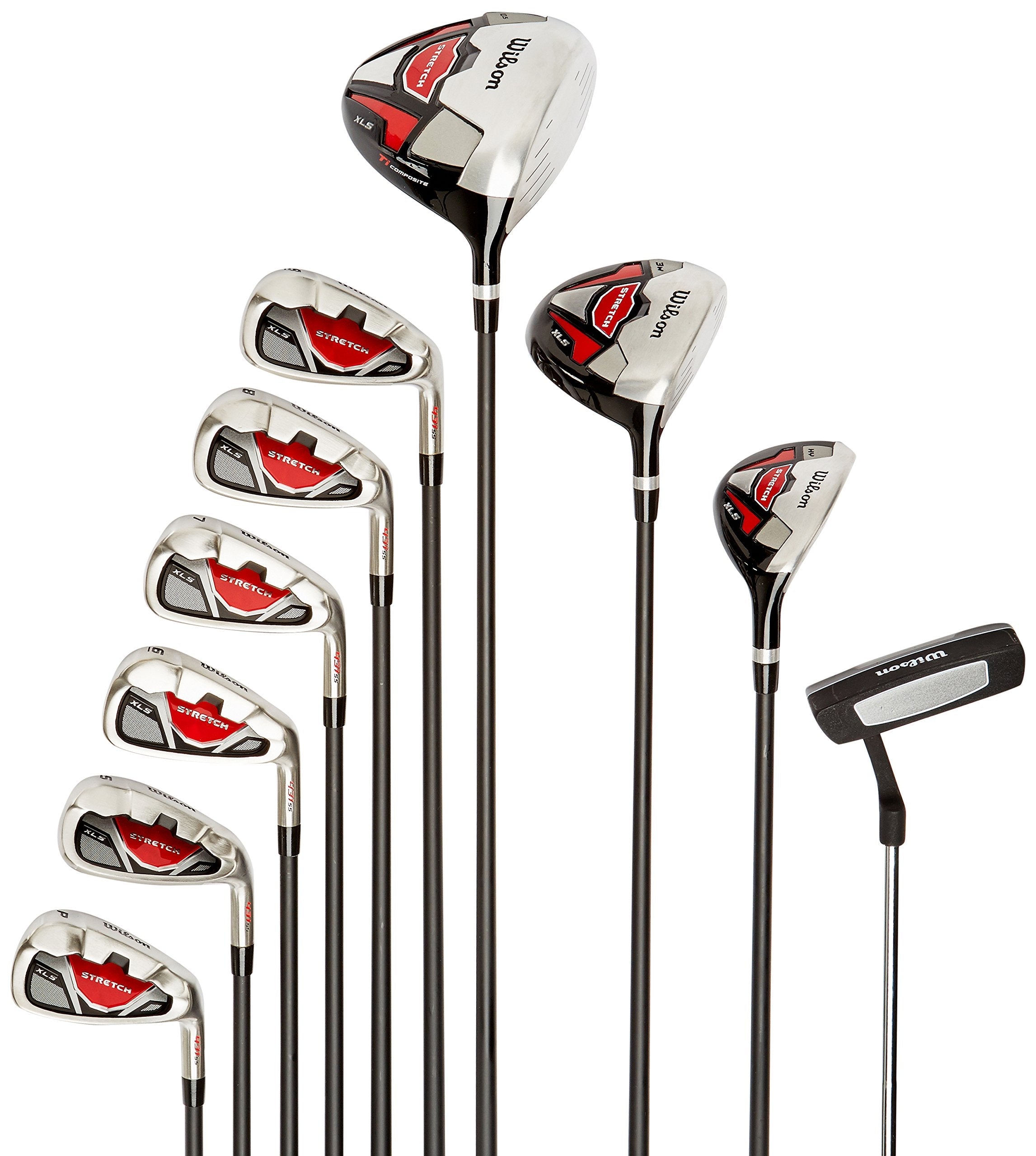 Wilson Beginner Complete Set, 10 golf clubs with stand bag, Men's (right hand), Stretch XL, Black/Grey/Red, WGG157551