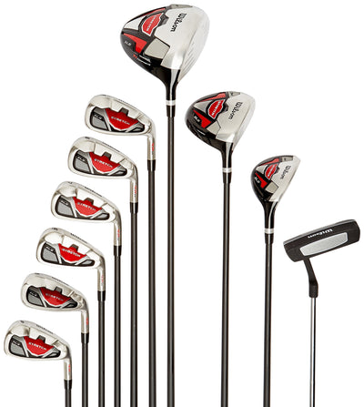 Wilson Beginner Complete Set, 10 golf clubs with stand bag, Men's (right hand), Stretch XL, Black/Grey/Red, WGG157551