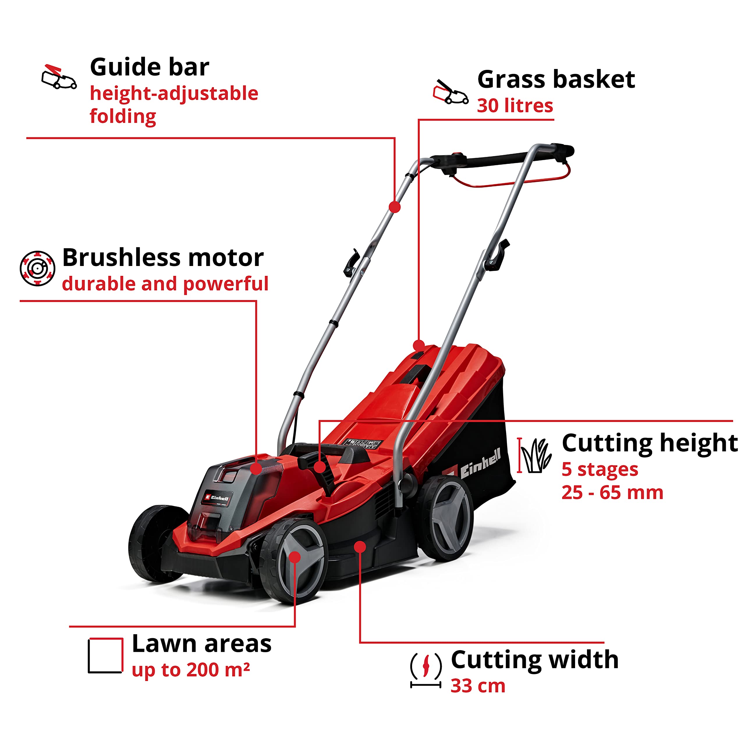 Einhell Power X-Change 18/33 Cordless Lawnmower With Battery and Charger - 18V, Brushless Motor, 33cm Cutting Width, 30L Grass Box, 5 Cutting Heights