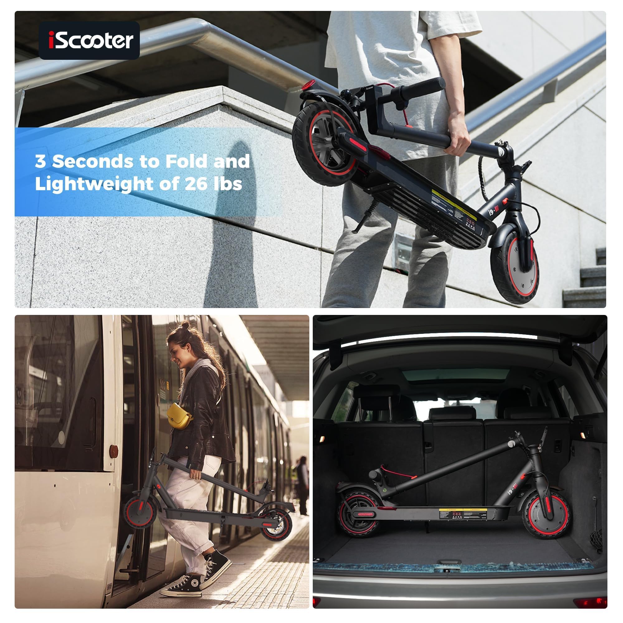 iScooter Electric Scooter, i9 Electric Scooters Adult, 8.5”Solid Tires, 30km Range, 3 Speed Mode, Foldable Electric Scooters with APP, Double Braking